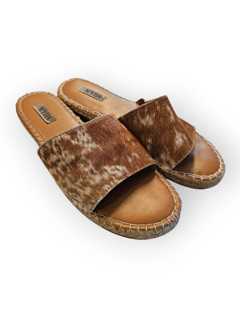 MYRA Real Cowhide Leather Espadrille Slide Sandals Brown White Size 8 - Picture 2 of 6